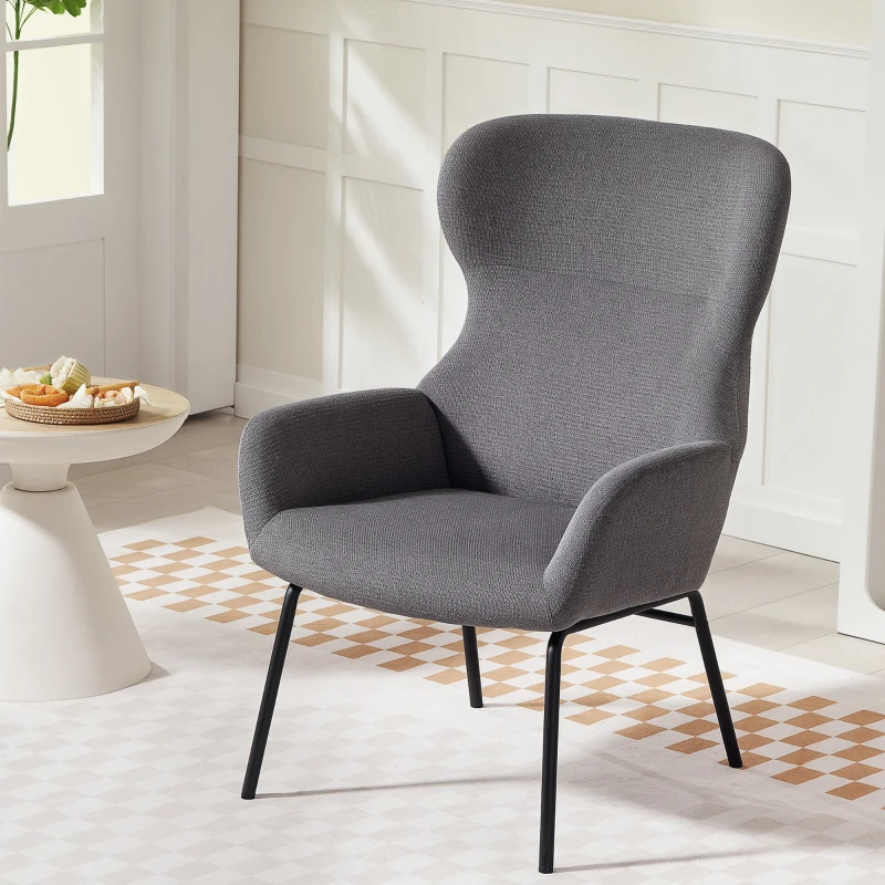 HOMCOM Moderner Polsterstuhl im Ohrenbacken-Stil, hohe Rückenlehne, dicke Polsterung, Metallbeine, Grau