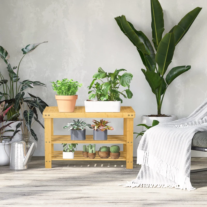 HOMCOM Panca Scarpiera Bassa in Bambù con 2 Ripiani a Doghe e Seduta, 70x28x45 cm, Naturale