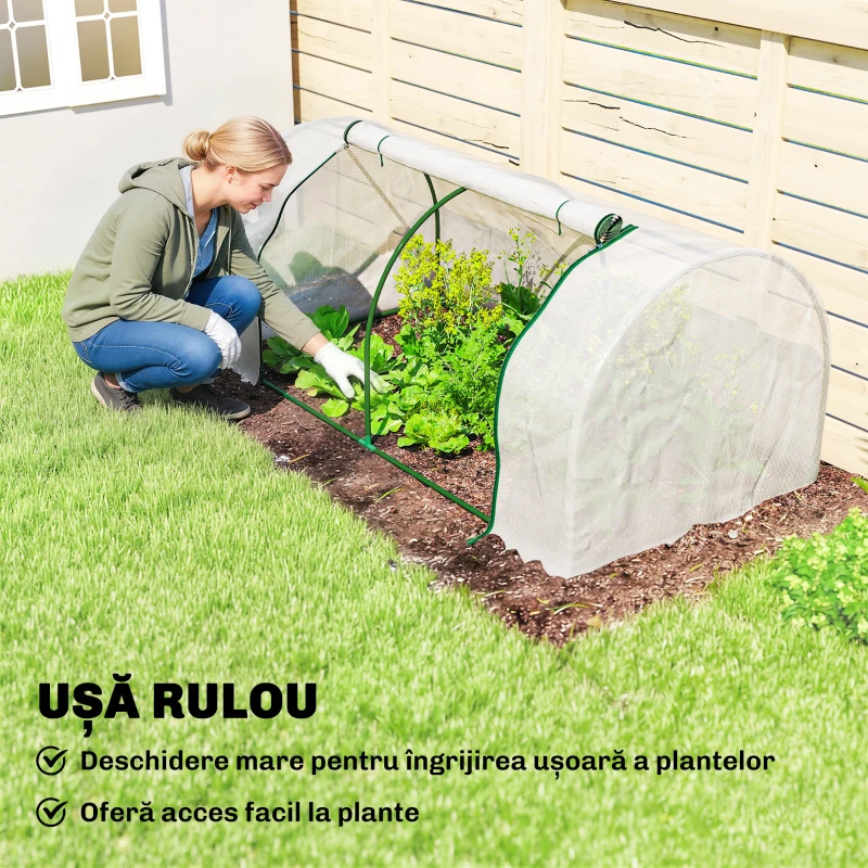Outsunny Seră de Grădină cu Ferestre Rulabile, Husă Plastic Anti-UV, 200 x 100 x 80 cm, Alb