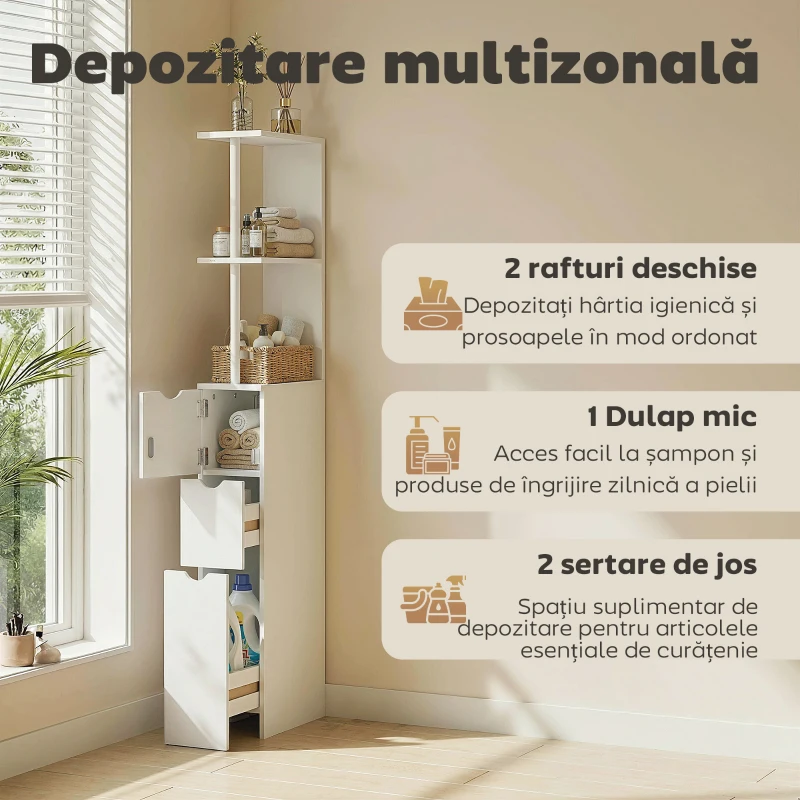 HOMCOM Dulap de Baie din Lemn cu Rafturi și Sertare, 15x33x136 cm, Lemn Natural