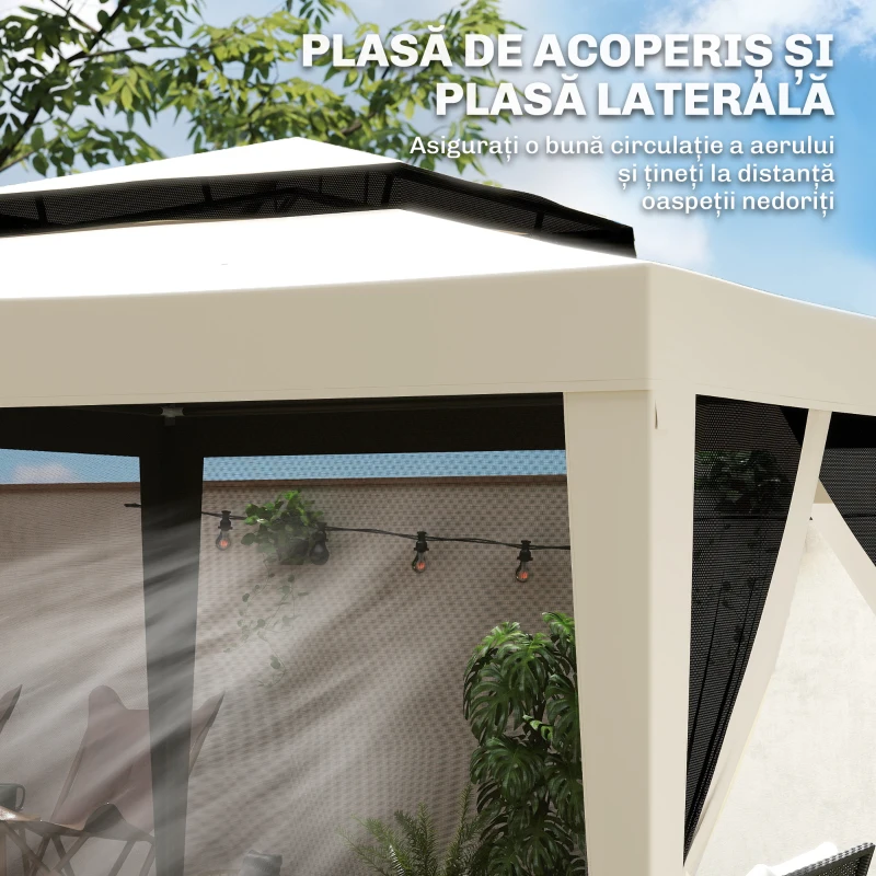 Outsunny Pavilion de Grădină 3x3m cu Plasă de Țânțari, Acoperiș Dublu și Cadru din Metal, Bej