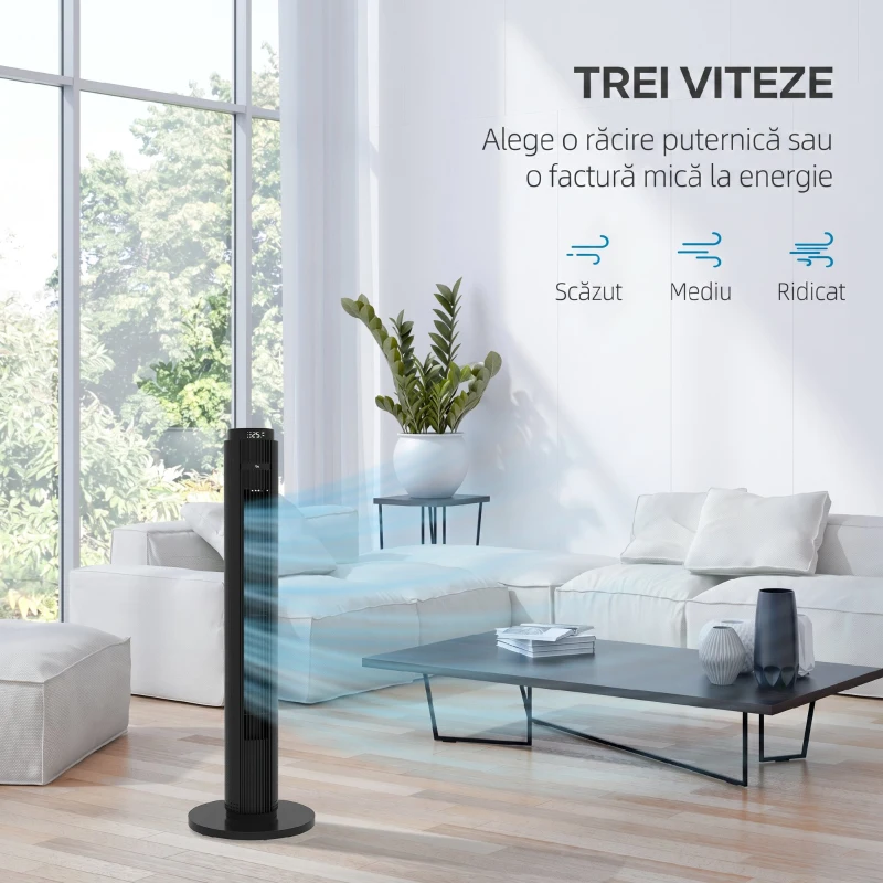 HOMCOM Ventilator turn 45W cu 4 moduri și 3 viteze, cu timer de 12h, din ABS, Ø31.5x96 cm, negru