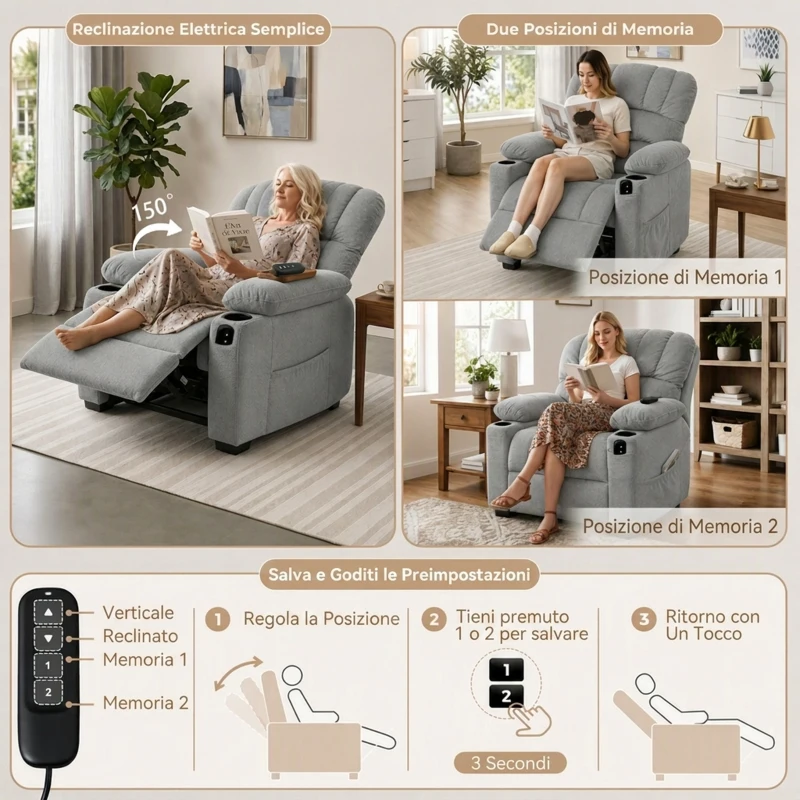 HOMCOM Poltrona Relax Elettrica Reclinabile 150° con Poggiapiedi, Seduta Ampia, Silenziosa, Velluto, Grigio