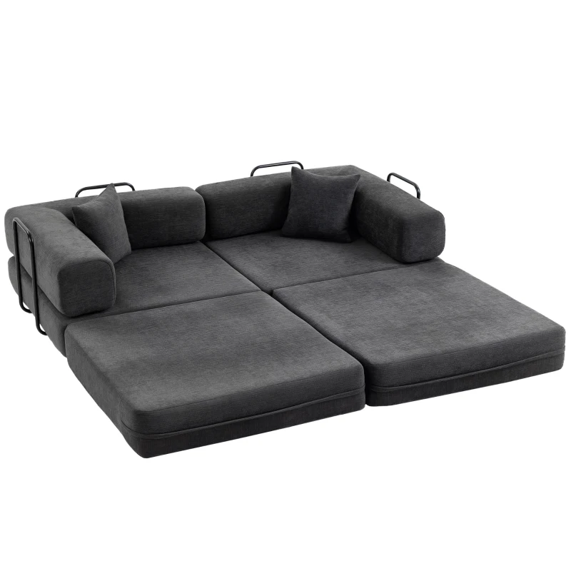 HOMCOM Sofá Cama de 2 Lugares Dobrável Estofado em Chenilla com 2 Almofadas Braços Largos Acolchoamento Grosso  Cinzento Escuro
