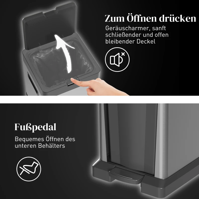 HOMCOM Mülleimer 20+14L Treteimer mit Deckel Fußpedal Kippfach herausnehmbare Inneneimer, Edelstahl 32,5 x 31,5 x 78 cm Silber