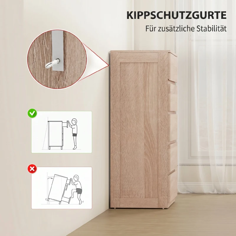 HOMCOM Comodă cu 5 Sertare din Lemn cu Ghidaje Metalice și Mânere Canelate, 60x39x100 cm, Lemn Natural