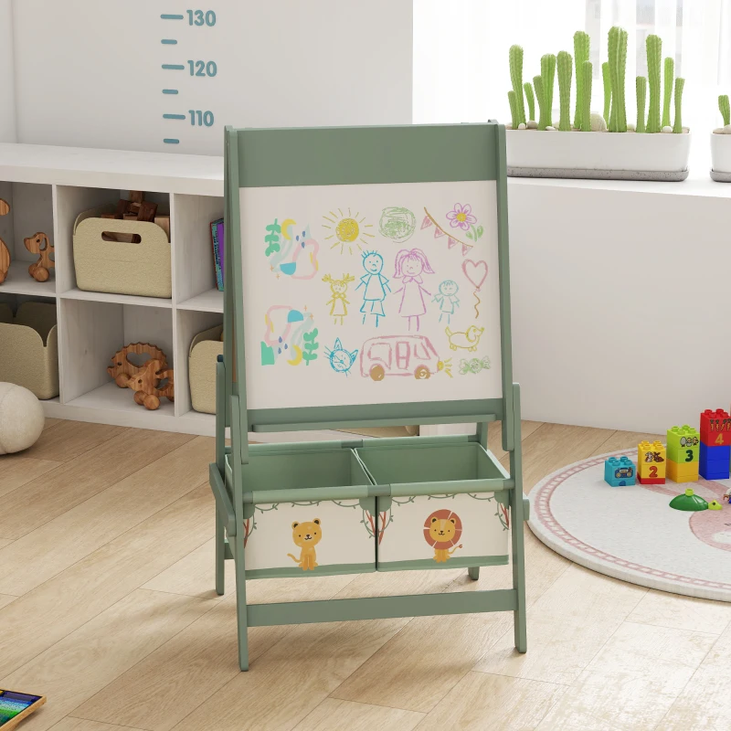AIYAPLAY Tablă pentru Copii 3 în 1 cu Șevalet, Rolă de Hârtie și 2 Coșuri, din Lemn, 54x46x94 cm, Verde