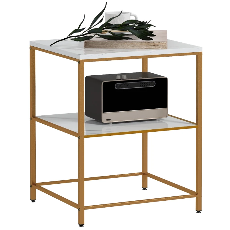 HOMCOM Table d'appoint, bout de canapé avec 2 étagères effet marbre et structure en métal doré, 44L x 40l x 54,5H cm