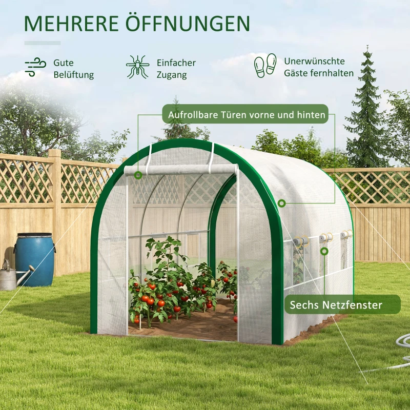 Outsunny Tunnel-Gewächshaus, Treibhaus, Reißverschlusstüren, Netzfenster, Metallrahmen, 3,5 x 2 x 2m, Weiß