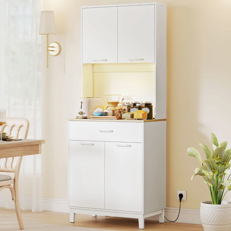 HOMCOM Credenza Moderna con Luci LED, Prese Elettriche e USB, 2 Armadietti e Cassetto, 71x40x180 cm, Bianco