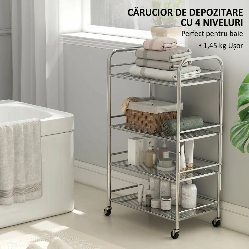 HOMCOM Cărucior multifuncțional cu 4 niveluri, cu 2 rafturi reglabile și margini ridicate, din oțel inoxidabil, 60x35x100 cm