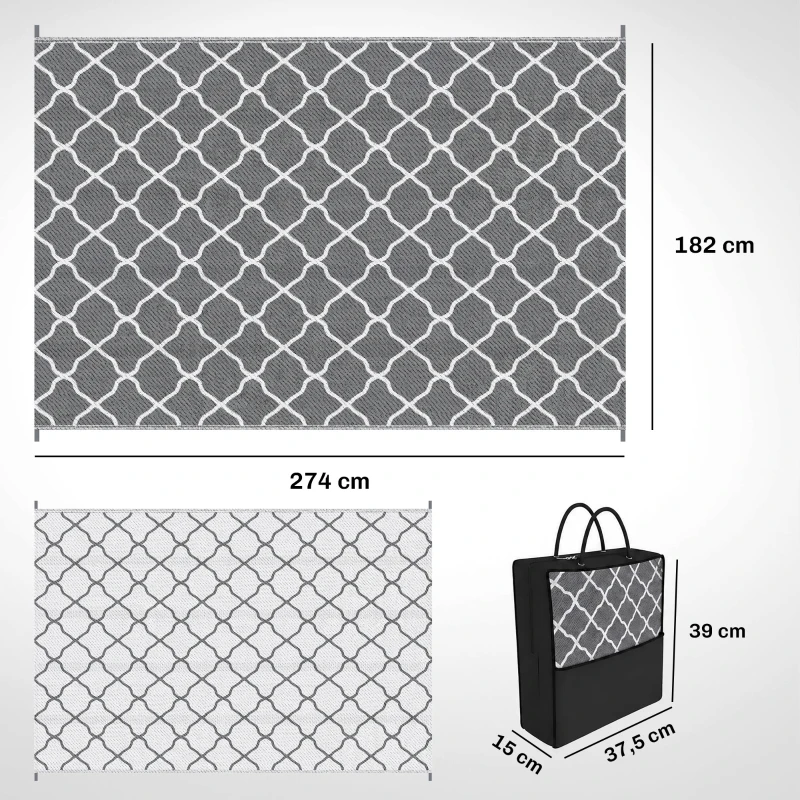 Outsunny Alfombra Exterior Reversible 182x274 cm de Plástico Impermeable para Terraza Patio Camping Playa Gris y Blanco