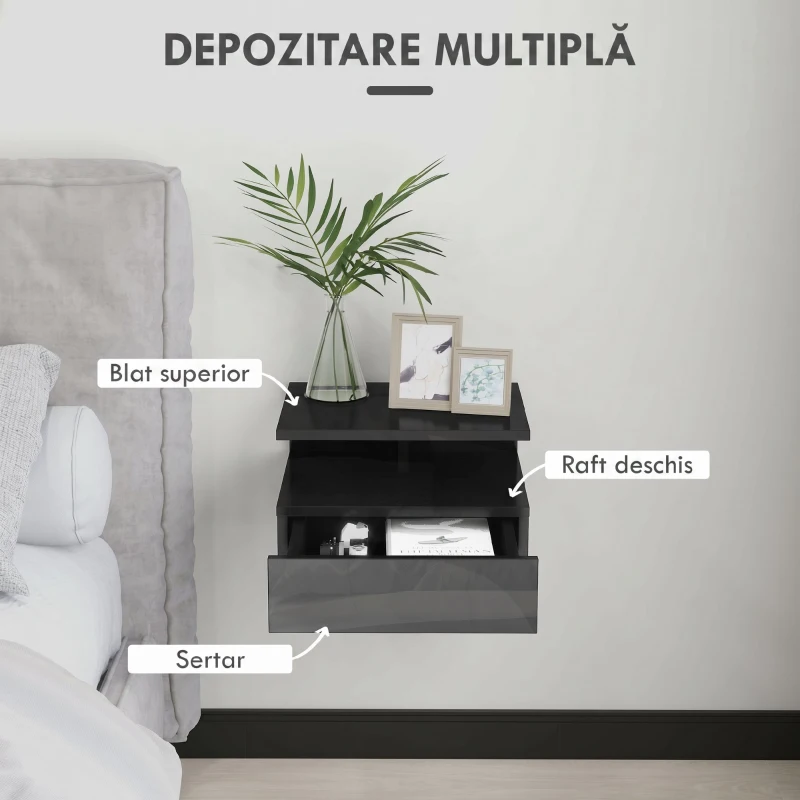 HOMCOM Set de 2 noptiere moderne suspendate cu sertar și poliță din lemn, 35x32x22,5cm, negru lucios