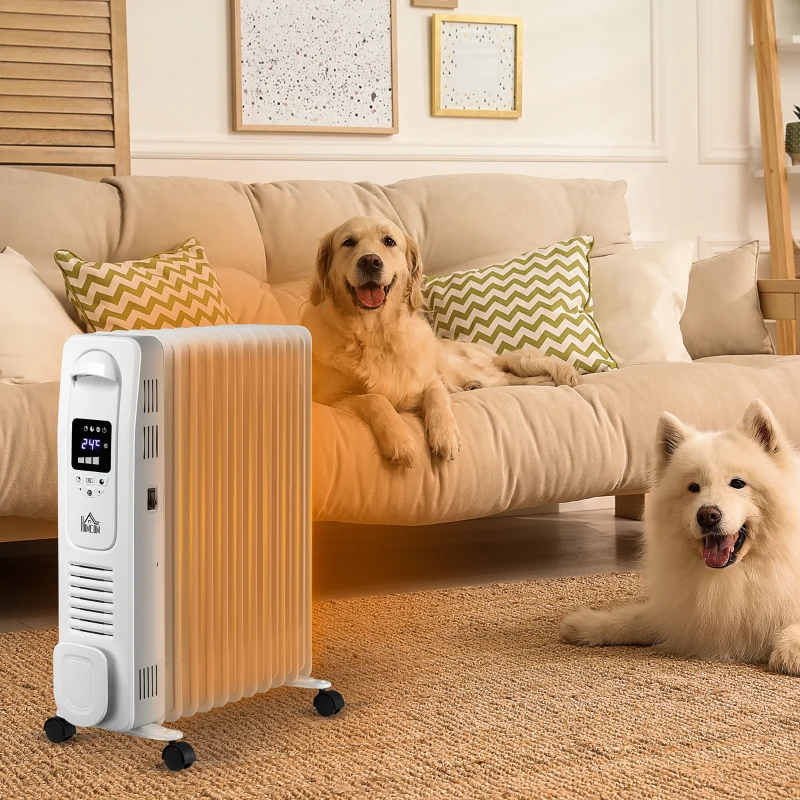 HOMCOM 2500W Digital Display Oil Filled Radiator, 11 Fin Portable Electric Heater with Timer, Adjustable Thermostat, Three Heat Settings, Safety Cut Off, Remote, White