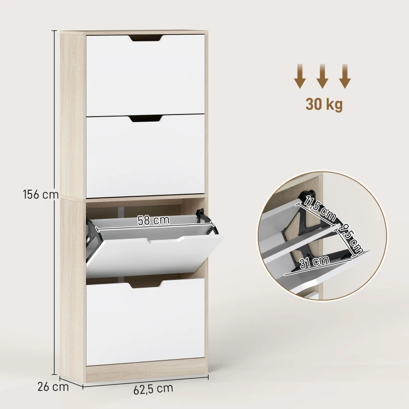 HOMCOM Scarpiera Salvaspazio Slim a 4 Cassetti per 20 Paia di Scarpe 62.5x26x156 cm, color Legno e Bianco