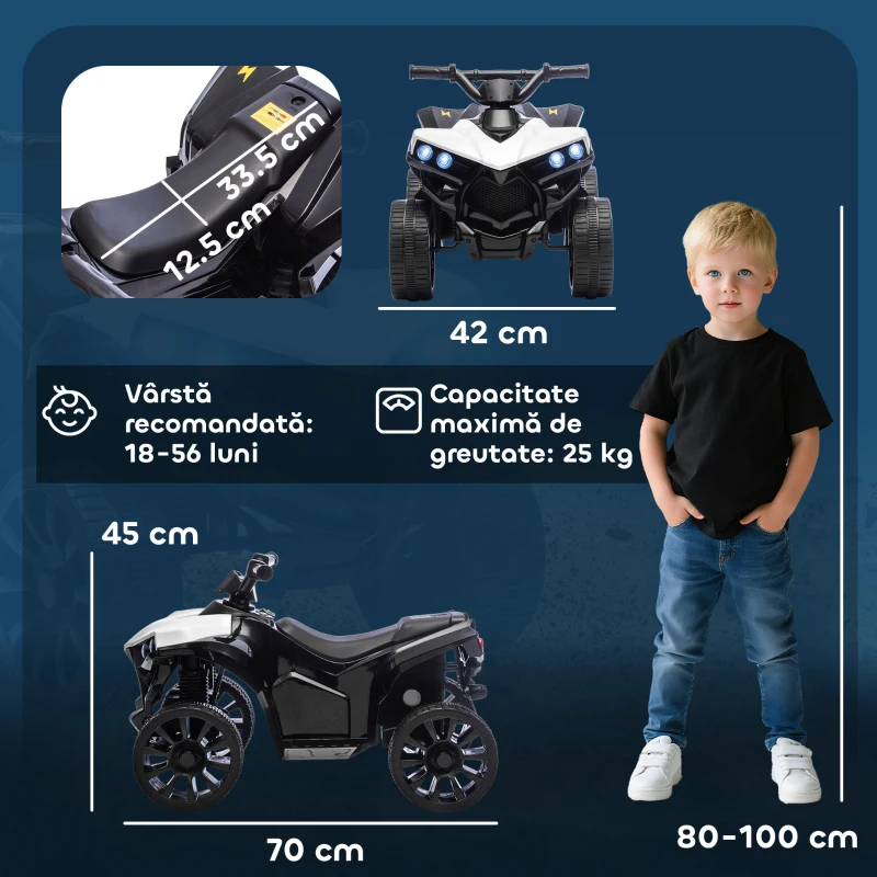 AIYAPLAY ATV Electric pentru Copii 6V, Mașină cu 4 Roți cu Muzică și Faruri LED, pentru Vârste 3-8 Ani, Alb, Negru