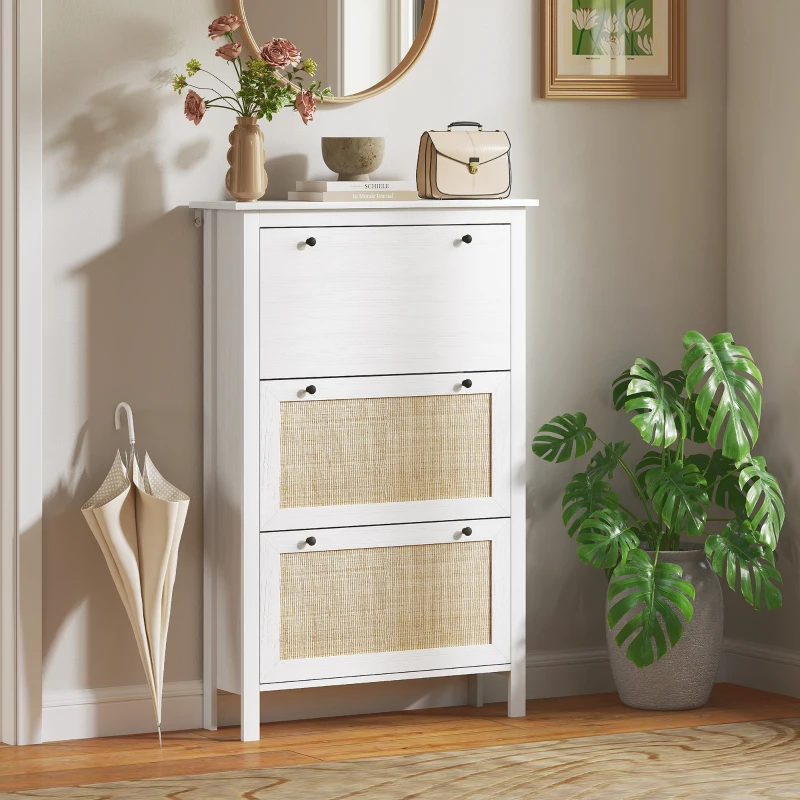 HOMCOM Meuble à chaussures étagère à chaussures armoire 3 portes abattants effet cannage rotin - en bois bois naturel