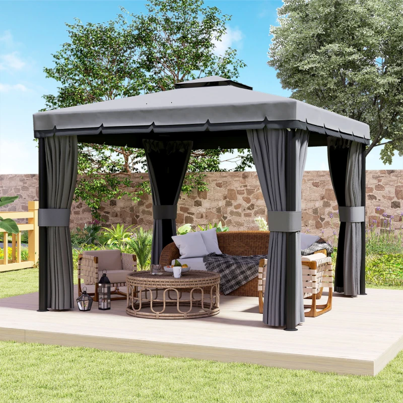 Outsunny avillon ca. 3x3m Wasserabweisend Stabil Winterfest Gartenpavillon mit Doppeldach Reißverschluss-Moskitonetze