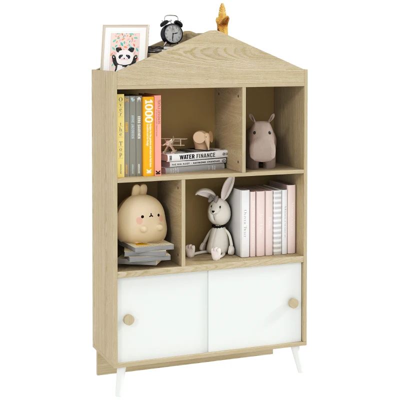 AIYAPLAY Bibliotecă pentru Copii din Lemn cu Rafturi Deschise și Dulap Inferior, 80x30x140,5 cm, Alb și Lemn Natur