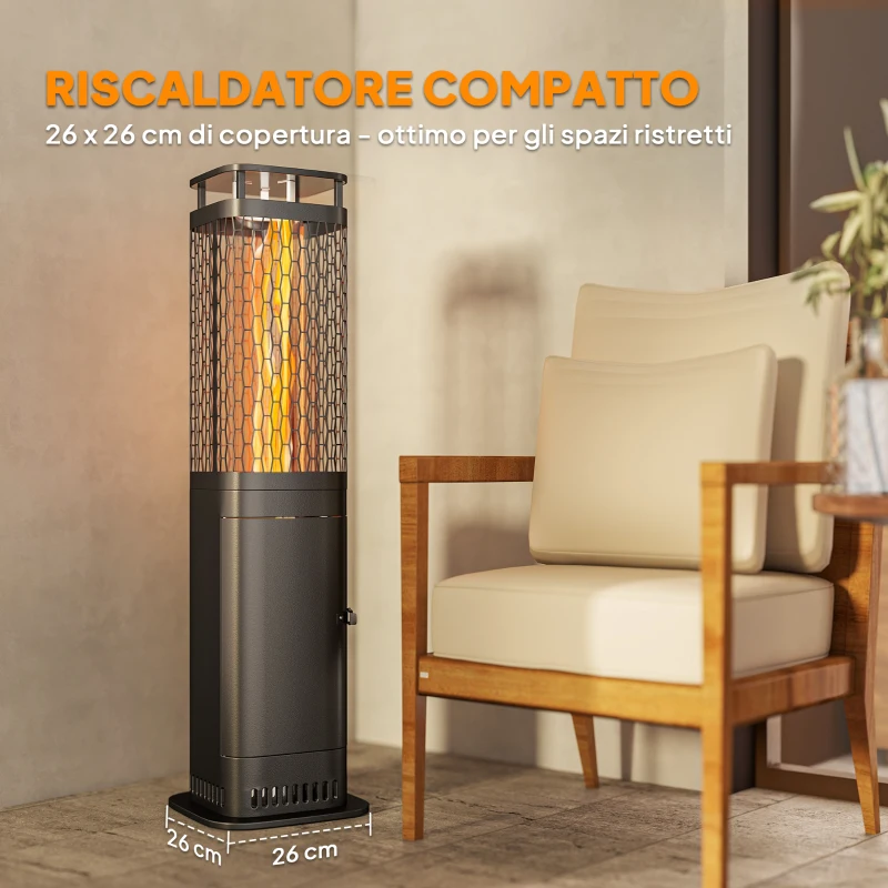 Outsunny Stufa a Pellet da Esterno Potenza 6.86Kw con Base Antiscivolo, Tubo in Vetro e Rete in Metallo, Nero