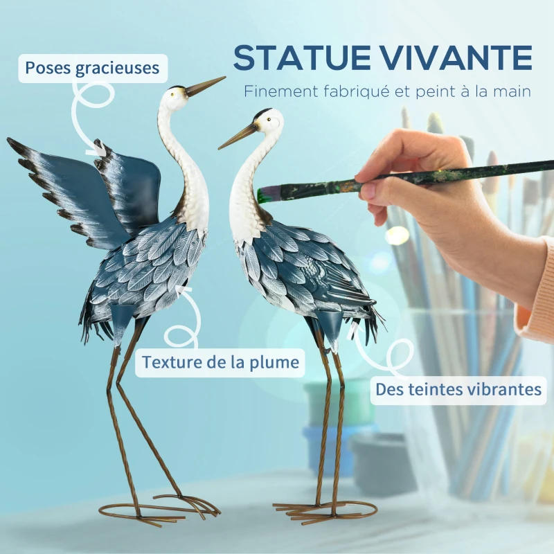 Outsunny Lot de 2 statues jardin exterieur sculpture de héron en acier pour étang, patio, terrasse, pelouse, 74/70cm multicolore