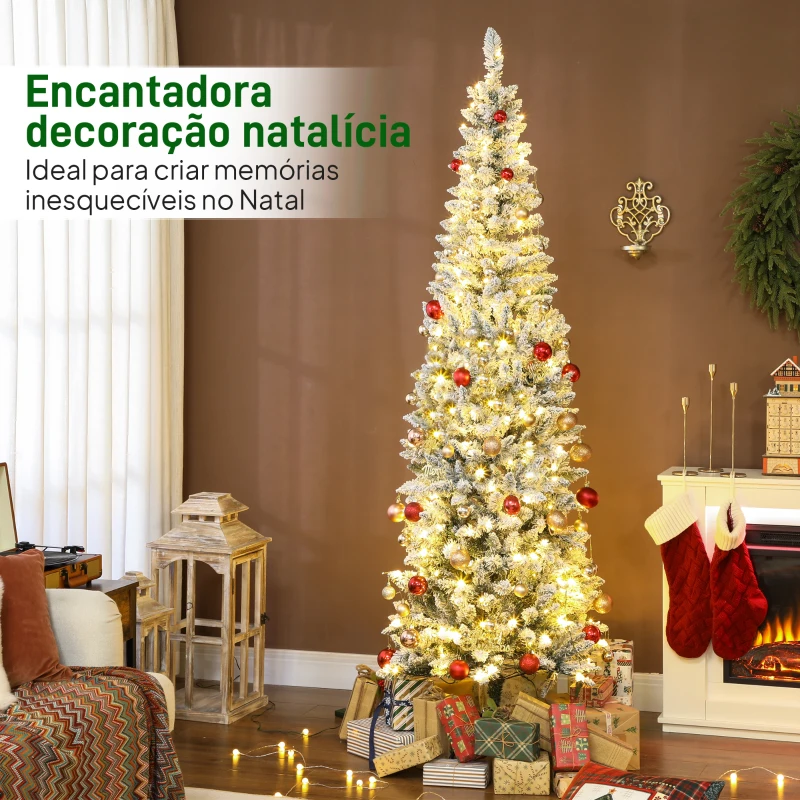 HOMCOM Árvore de Natal Estreita 210 cm Nevada com Luzes LED Bicolores 11 Modos de Iluminação 687 Ramos Suporte Metálico Verde