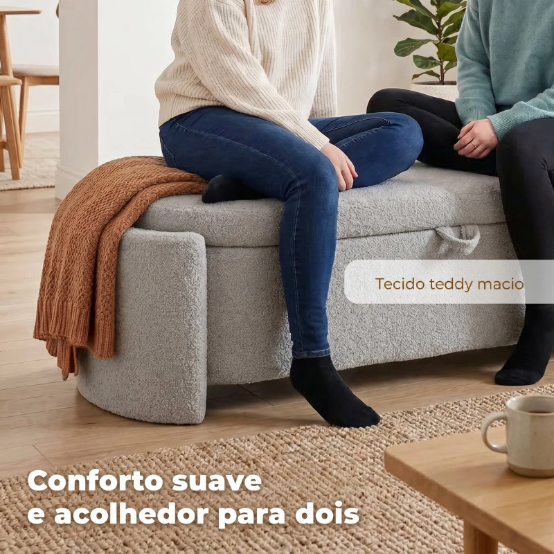 HOMCOM Puff de Armazenamento Banco Ovalado 129x48,5x44 cm Estofado em Tecido Teddy Capacidade 200 kg Cinzento Claro