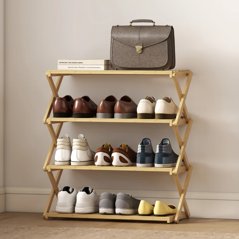 HOMCOM Schuhregal mit 4 Ebenen, Schuhablage aus Bambus,für bis zu 12 Paar Schuhe, für Eingang, Flur, 60 x 29 x 67 cm, Natur