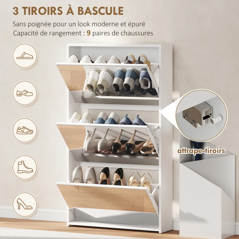 HOMCOM Meuble à chaussures 9 paires, armoire à chaussures étroite, 3 tiroirs rabattables et portes miroirs, 65x17x114,5cm blanc