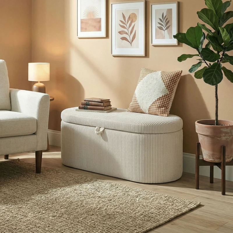 HOMCOM Aufbewahrungs-Ottomane, Cord-Polsterung mit gepolsterter Sitzfläche, Sitzbank am Bettende, 105 x 51 x 49 cm, Beige