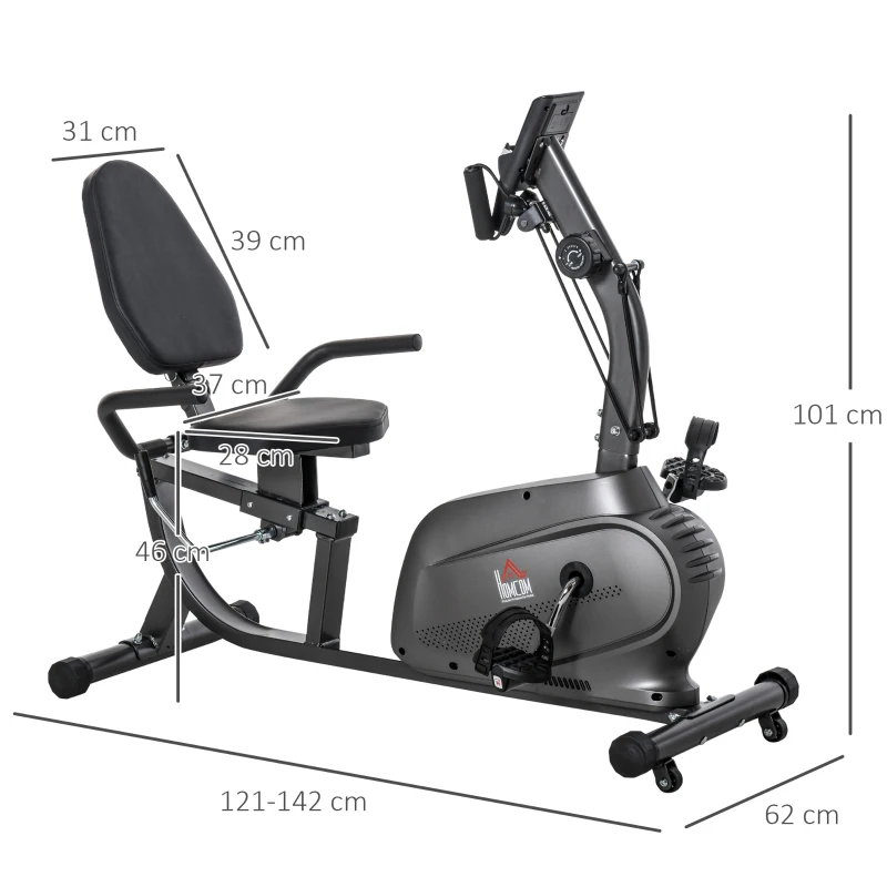 HOMCOM Bicicleta Estática com Encosto 8 Níveis de Resistência Bicicleta Banco Ajustável e Ecrã LCD 121-142x62x101 cm Preto
