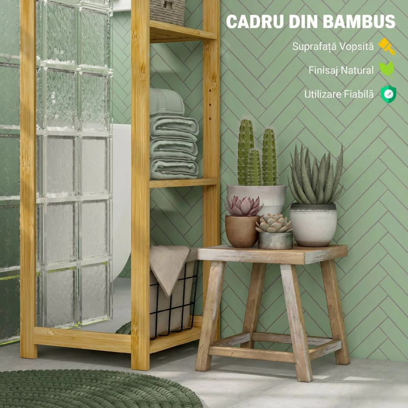 HOMCOM Etajeră de baie cu oglindă și 6 rafturi, dulap cu oglindă din bambus, 35x35x168cm, culoare lemn
