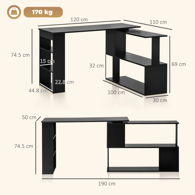 HOMCOM Birou Colțar cu Blat Rotativ la 360° și 5 Rafturi, 120x110x74,5 cm, Negru