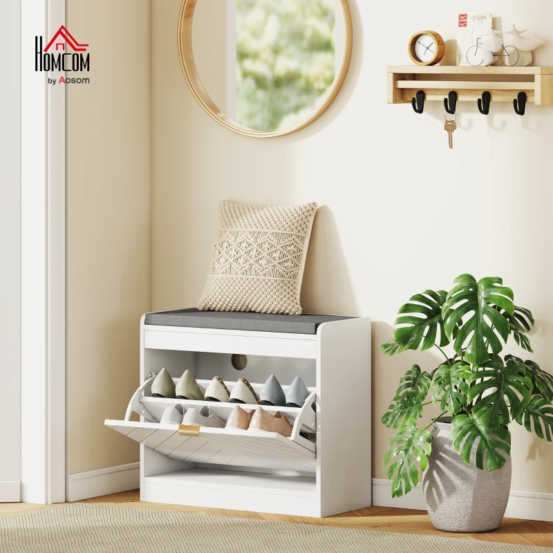 HOMCOM Shoe Storage with Seat, Upholstered Entryway Bench, Shoe Bench with 1 Flip Drawer and 4 Vents for 5 Pairs of Shoes