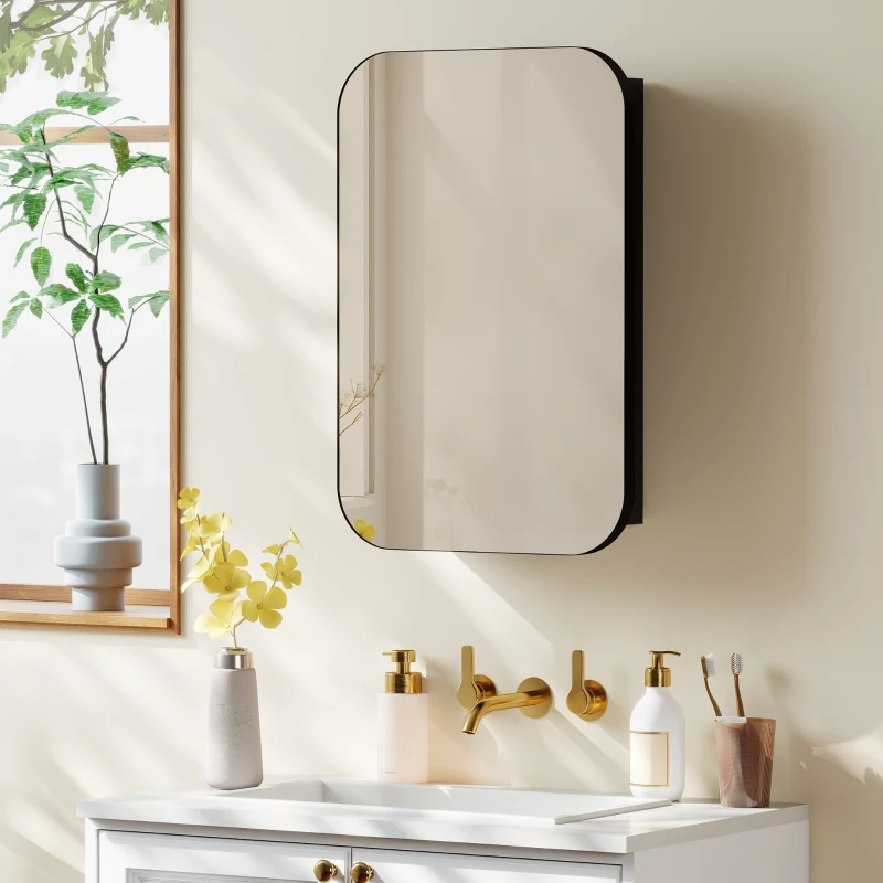 HOMCOM Spiegelschrank Bad, Badezimmerschrank mit Spiegel, Hängeschrank mit Verstellbarem Regal, 40 x 10 x 60 cm, Schwarz