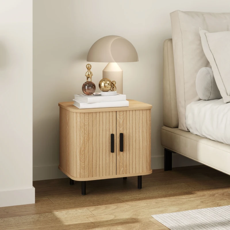 HOMCOM Mesita de Noche para Dormitorio con Puertas Correderas 2 Estantes y Patas de Acero Estilo Escandinavo 48x40x48 cm Roble