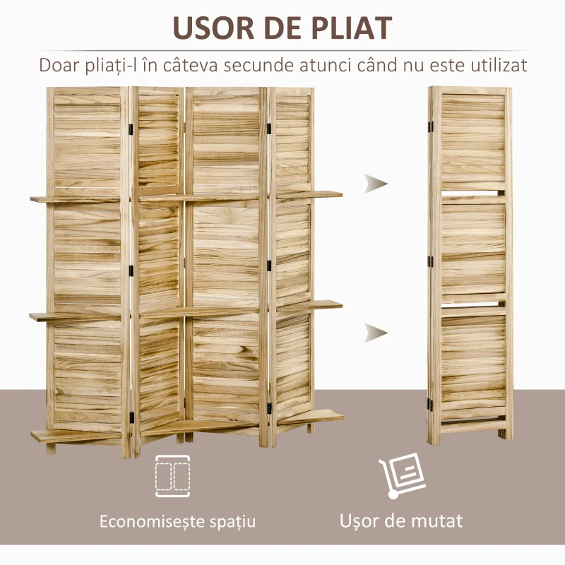 HOMCOM Paravan Separator Interior Pliabil cu 4 Panouri și Rafturi din Lemn de Paulownia, 162x170 cm, Lemn