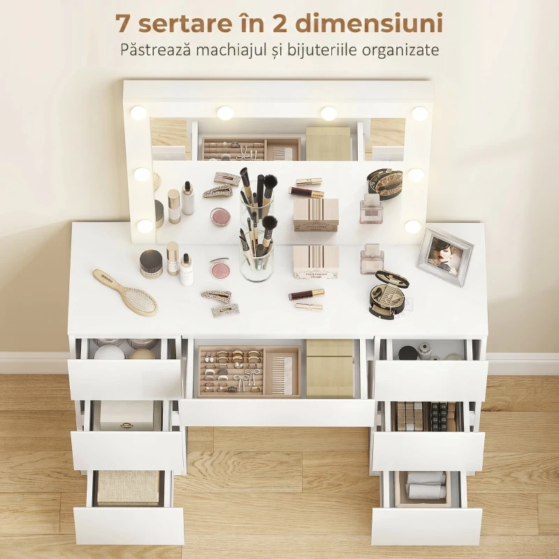 HOMCOM Masă de Toaletă pentru Machiaj cu Oglindă, Design Hollywood, 8 Lămpi LED, 7 Sertare și Taburet Tapițat, Alb