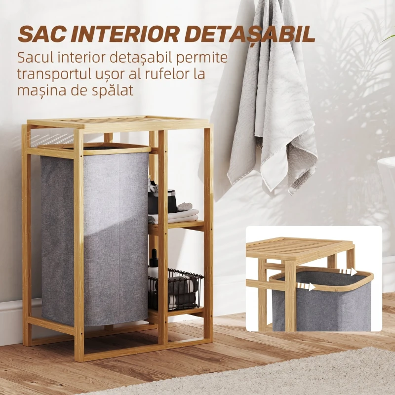 HOMCOM Coș pentru rufe cu sac detașabil și rafturi cu lamele din bambus, 50x32x70 cm, Gri