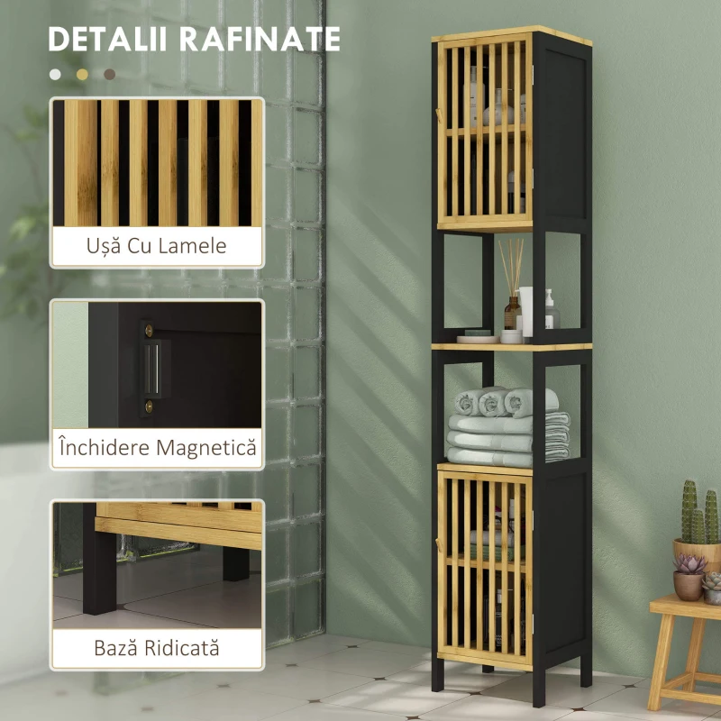 HOMCOM Dulap de baie cu șipci, 2 rafturi deschise și 2 dulapuri, din MDF și bambus, 32x30x172 cm, negru și culoare lemn(m-11)