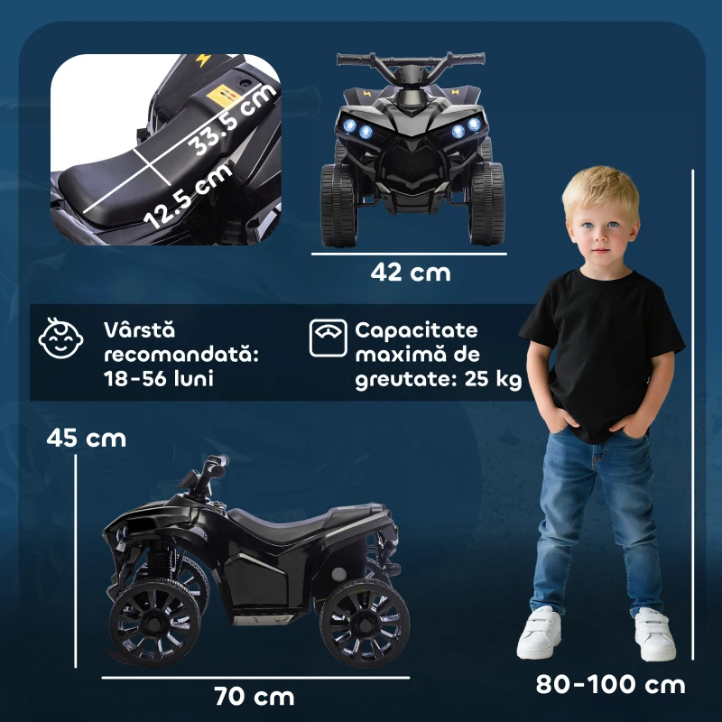 AIYAPLAY ATV Electric 6V pentru Copii, Vehicul cu 4 Roți cu Muzică și Faruri LED, pentru Vârste între 18-56 Luni, Roșu