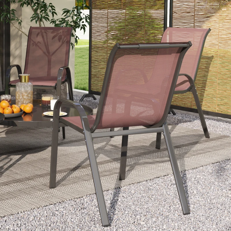 Outsunny Set 4 Sedie da Giardino Impilabili con Braccioli Curvi, in Acciaio e Tessuto Traspirante, 54x71x93 cm, Marrone