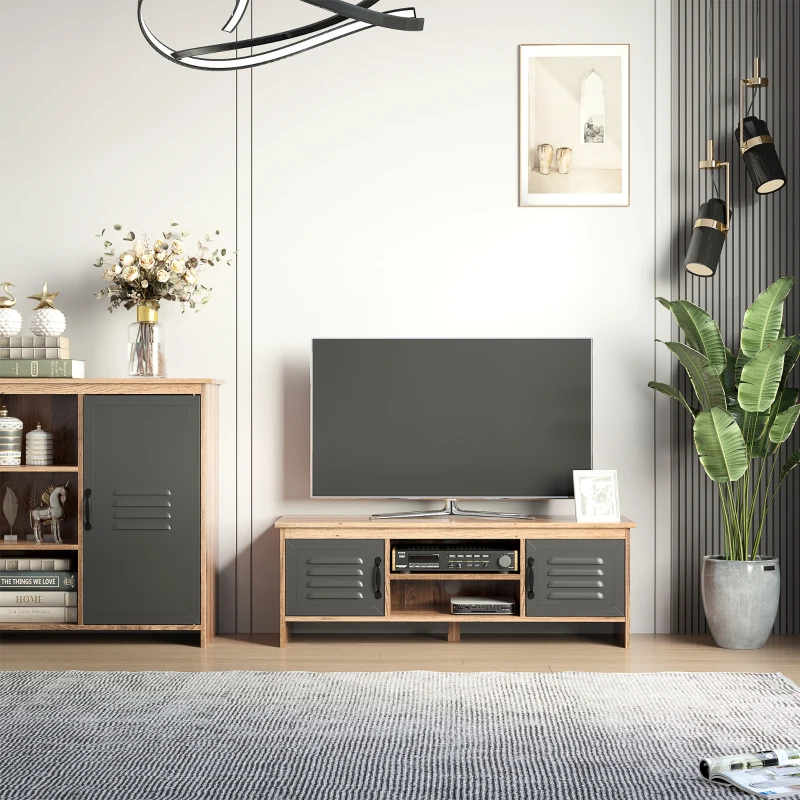 HOMCOM Mueble de TV para Televisores de 42" con 2 Compartimentos Cerrados con Puertas de Metal y 2 Estantes Abiertos Mueble de salón moderno Mesa para televisor 109x35x38 cm Madera Natural y Gris