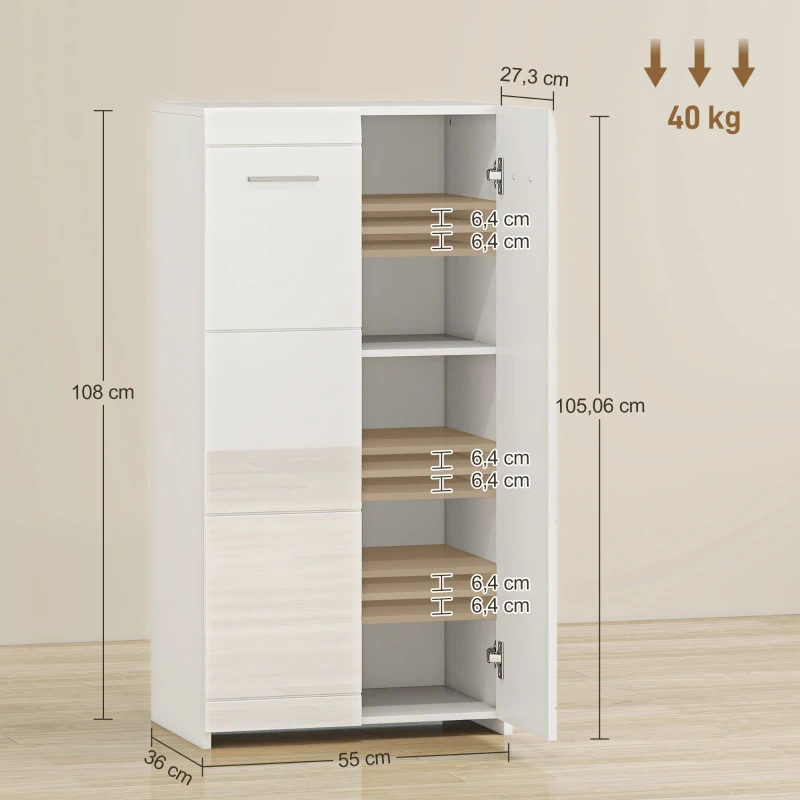 HOMCOM Meuble à chaussures 10 paires, armoire à chaussures à haute brillance 5 niveaux, étagères réglables, 55x36x108cm, blanc