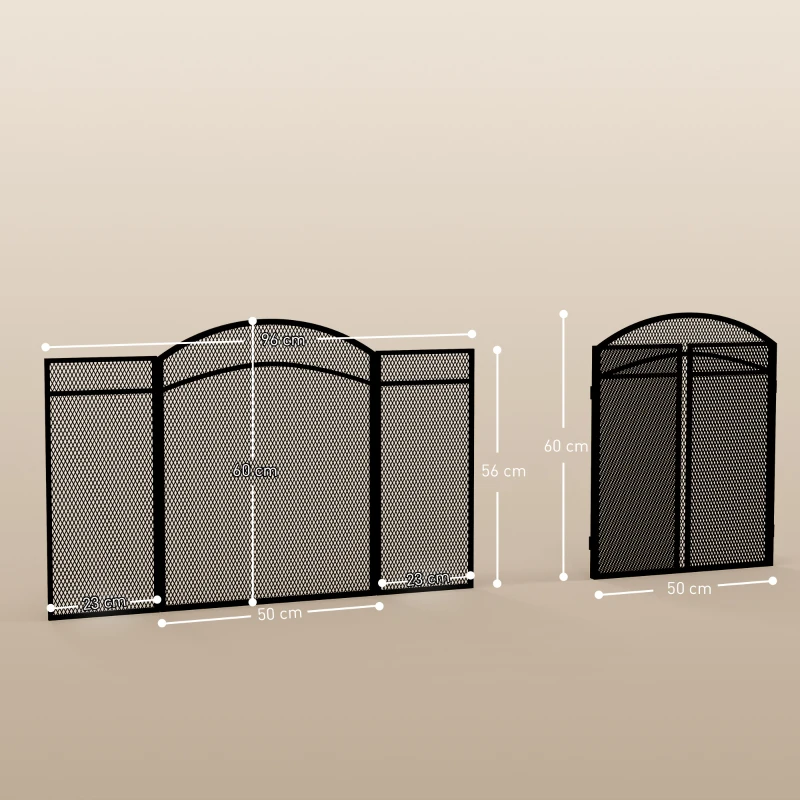 HOMCOM Paravan de protecție la scântei pentru șemineu, pliabil, cu 3 panouri din metal și design clasic, 96x60cm, negru
