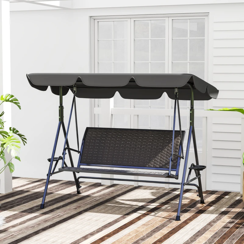 Outsunny Balansoar de Grădină 3 Locuri din Ratan PE cu Acoperiș Reglabil și Suporturi pentru Pahare, Balansoar de Exterior cu Cadru din Oțel, Capacitate 320 kg, 204x112x150 cm, Gri