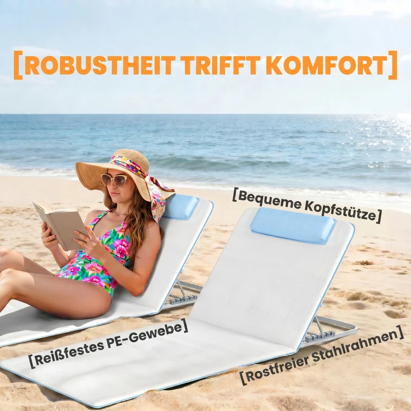 Outsunny Strandliege Sonnenliege Gartenliege, klappbar, verstellbare Rücklehne, Seitentasche, 48 cm x 134 cm x 33-43 cm, Beige
