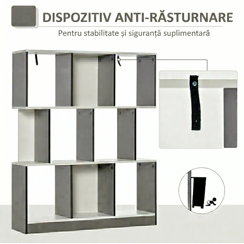 HOMCOM Bibliotecă cu 8 Rafturi pentru Sufragerie și Dormitor, din Lemn, 100x24x124 cm, Gri Închis