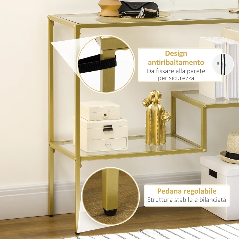 HOMCOM Consolle da Ingresso a 3 Ripiani in Acciaio e Vetro Temperato, 100x32x76 cm, Oro