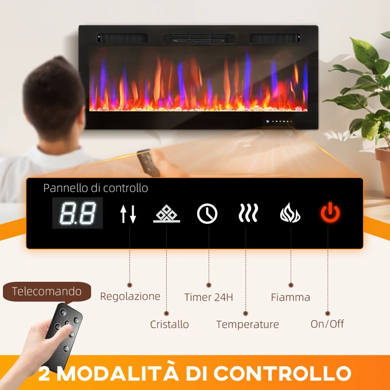 HOMCOM Camino Elettrico da Incasso con Fiamma Indipendente, 3 Modalità di Riscaldamento e Telecomando, 106.7x9.4x47 cm, Nero
